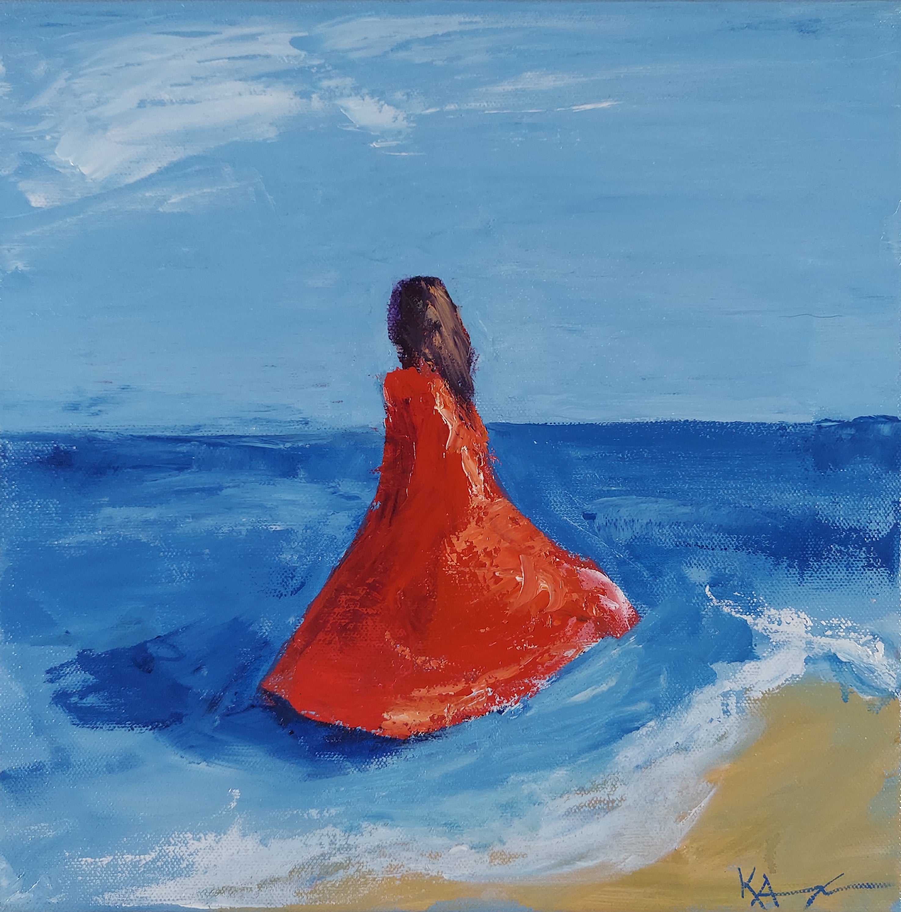 The Red Dress, oil on canvas, 12x12", framed, 2026