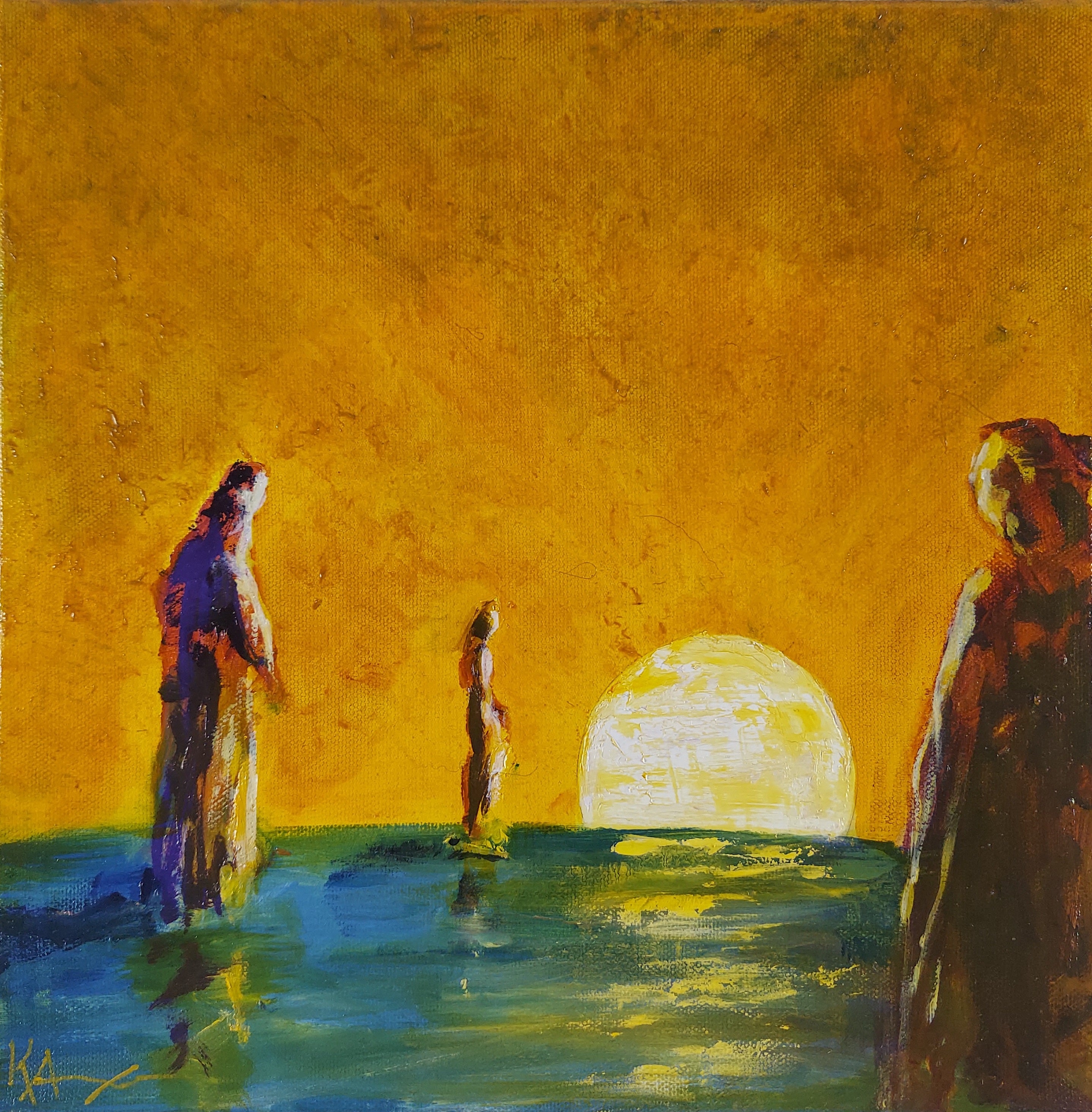 Watchers at Sunset, oil on canvas, 12x12", framed, 2026